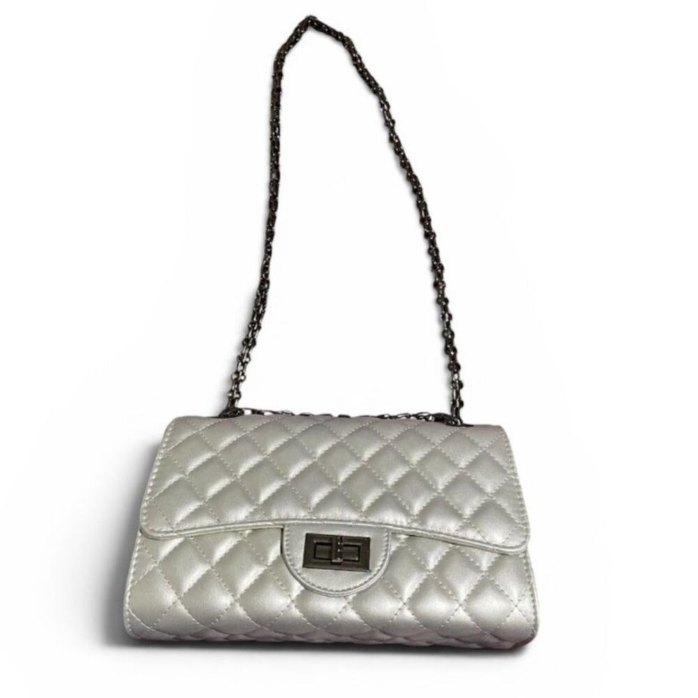 Silver Quilted Chain Strap Crossbody Purse Shoulder Bag Flap Handbag